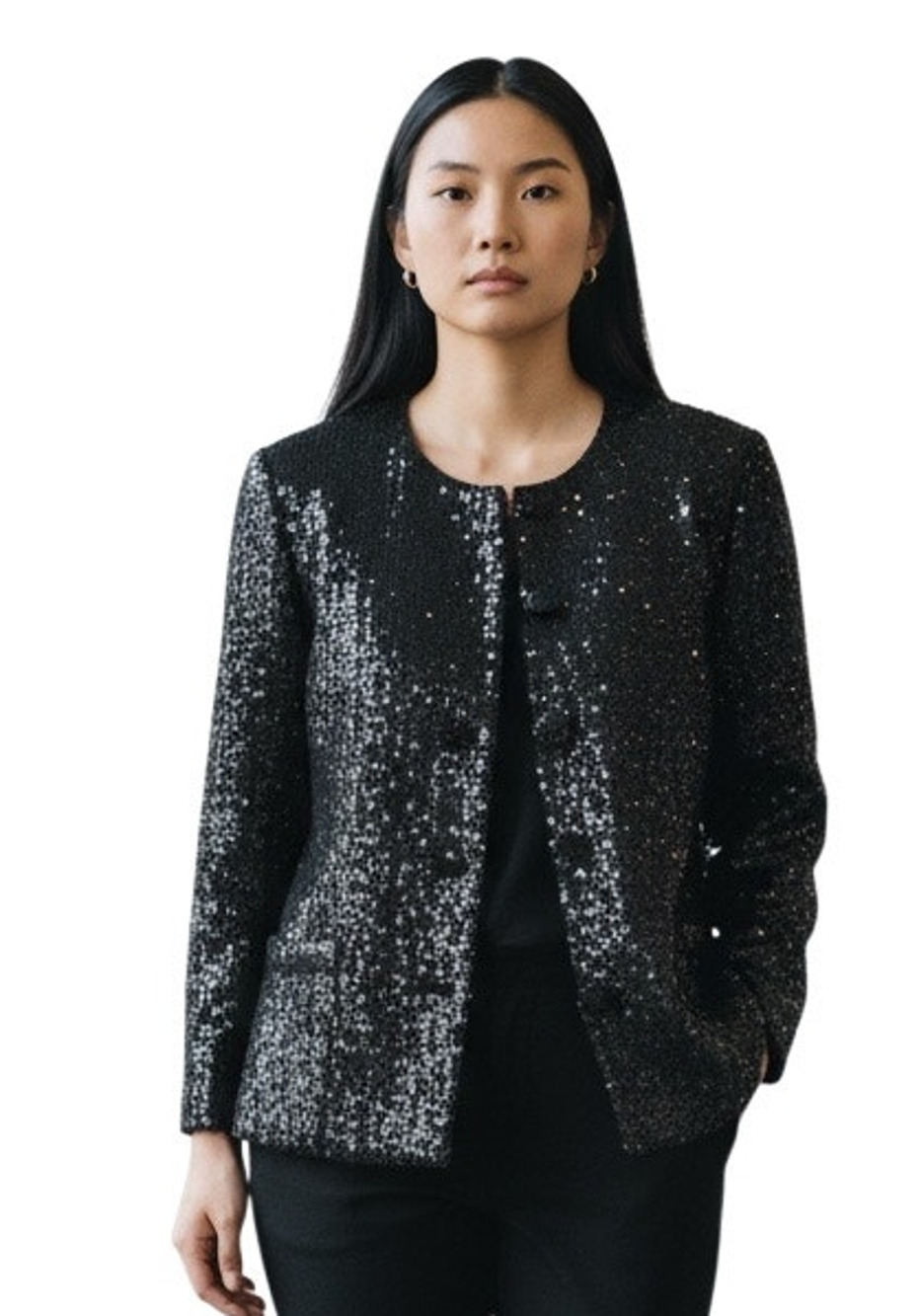 CAROLINE ROSE $598 shimmer sequin Boxy Black Elegant Luxurious Jacket Size M